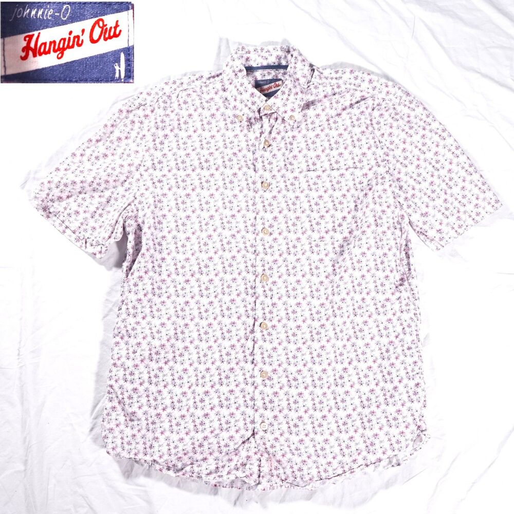 Johnnie-O Hangin' Out Short Sleeve Button Up Shirt Floral White Pink Mens Medium
